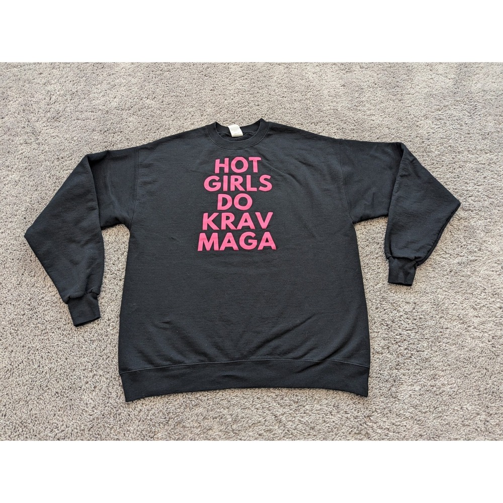 Hanes Ecosmart Sweatshirt Womens Large Pullover Black "Hot Girls Do Krav Maga"
